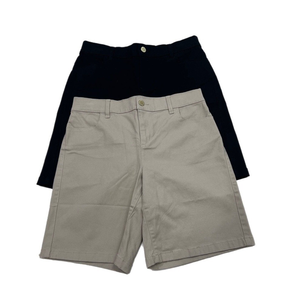 Lot Of 2 Calvin Klein Chino Shorts Women Size 4 Flat Front 9” Beige Black Stretc